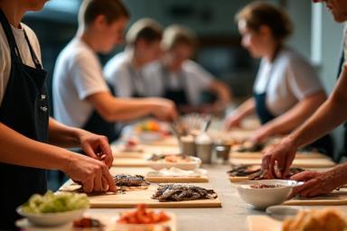 Cooking class participants preparing fish dishes