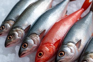 Assortment of fresh whole fish on ice